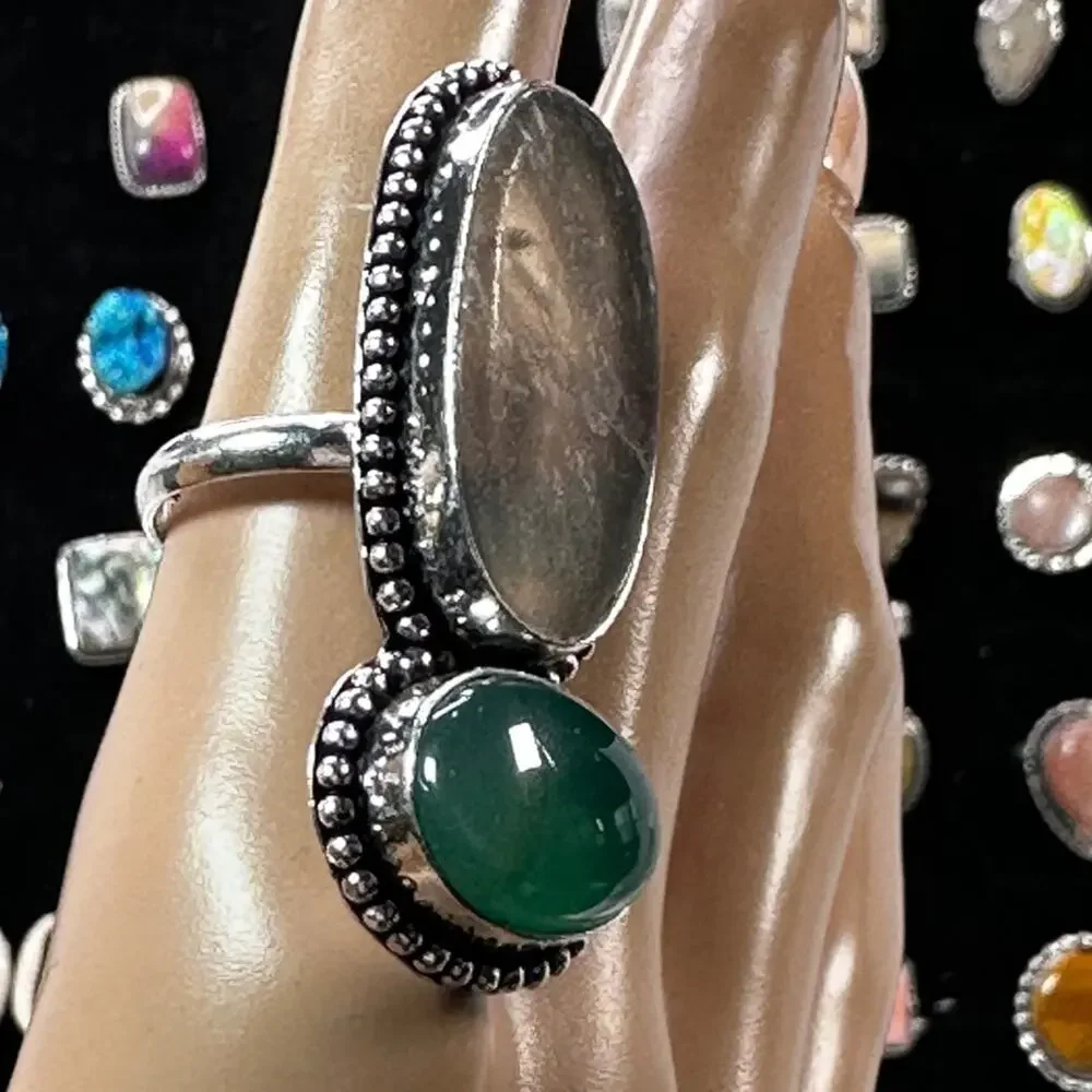 💕 Dendritic agate and Chalcedony,‎ double gemstone ring silver plated size 8